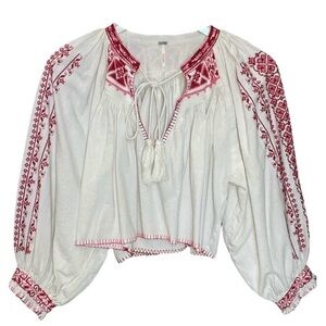 Free People Embroidered Boho Peasant Blouse White & Red, Size XS